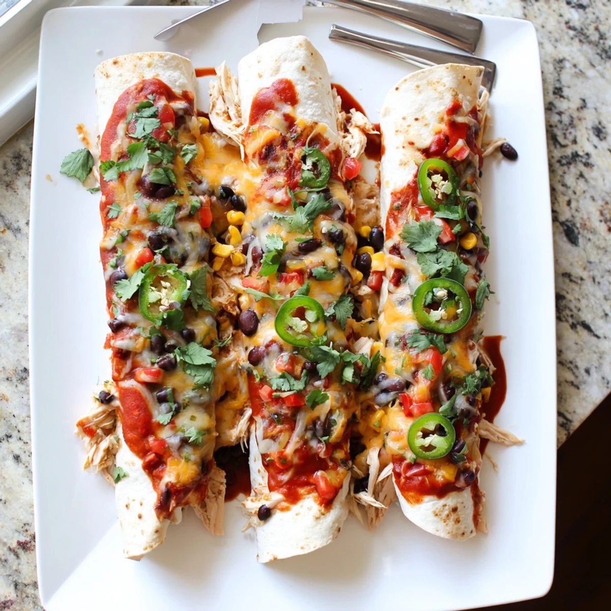 Baked chicken enchiladas dish featuring tender meat filling and rich enchilada sauce over tortillas