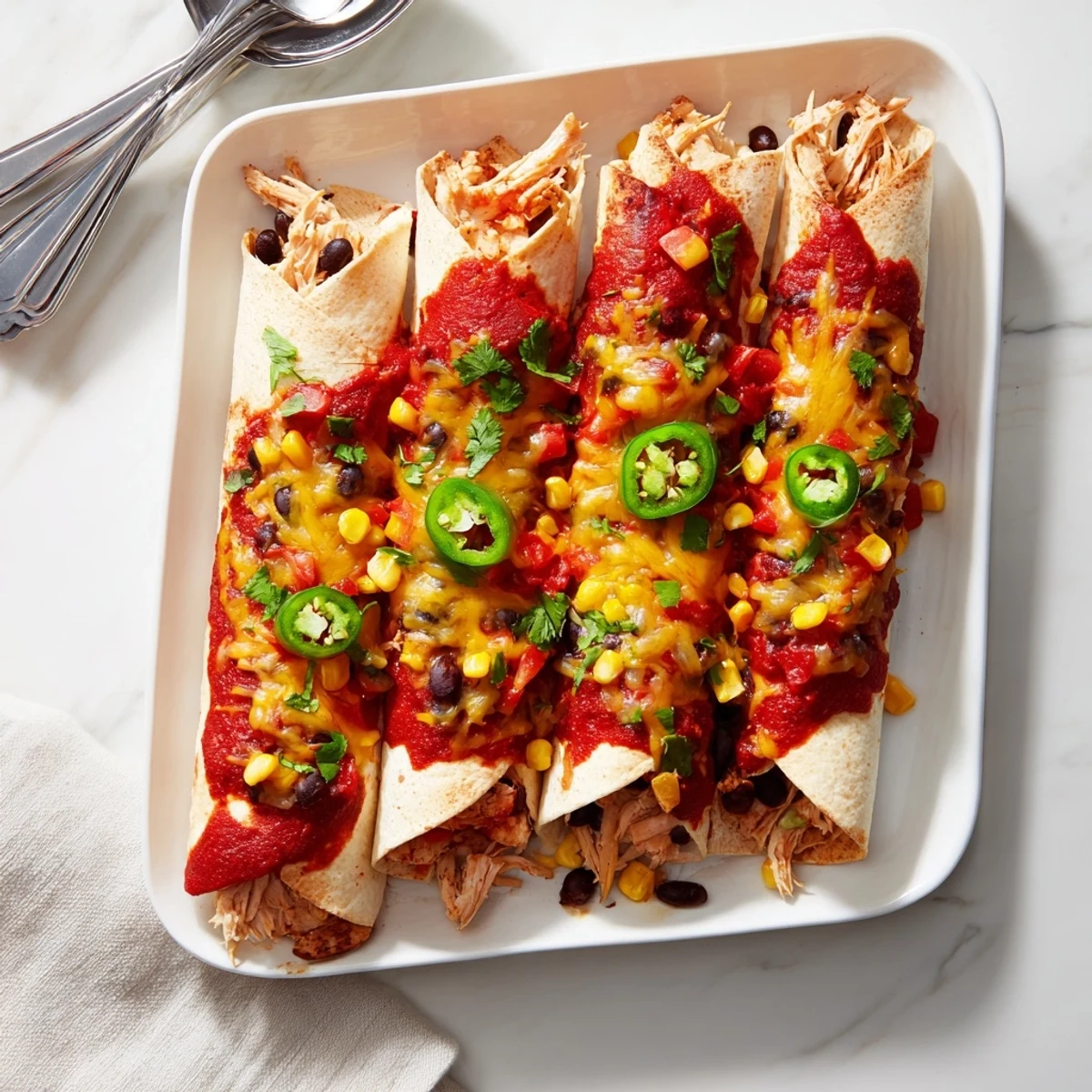 Rolled chicken enchiladas with shredded cheese topping fresh from the oven garnished with cilantro