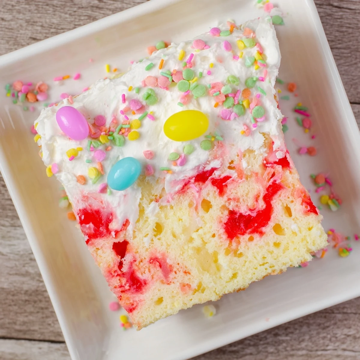 Colorful Easter Poke Cake sliced to reveal swirled gelatin inside moist vanilla cake layers