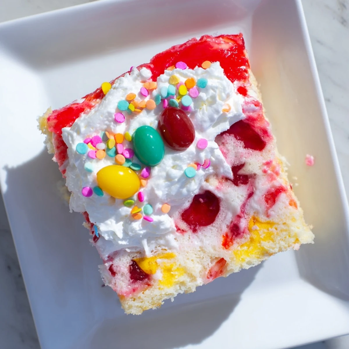 Festive Easter Poke Cake topped with pastel sprinkles over smooth vanilla whipped cream
