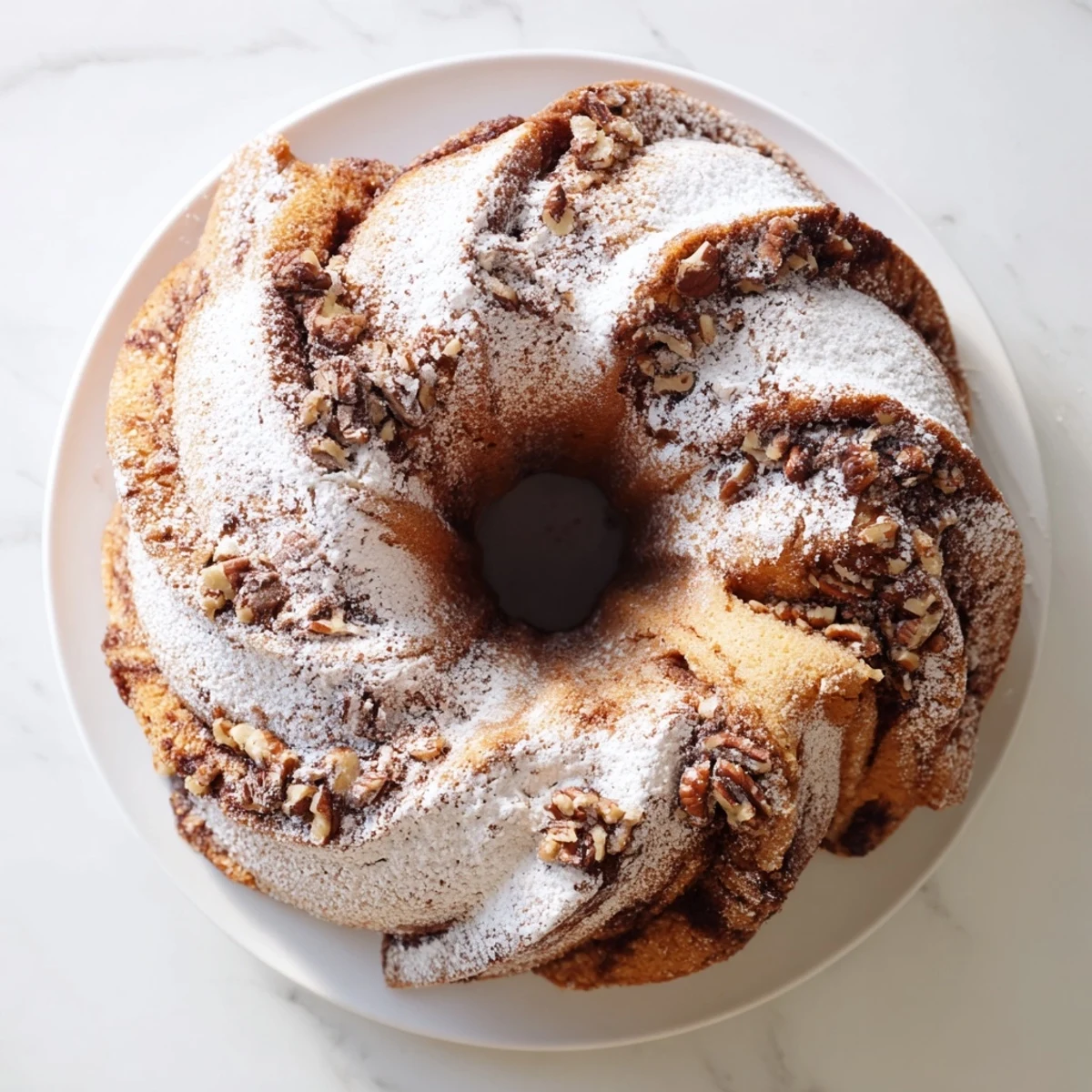 Golden easy breakfast Bundt coffee cake with cinnamon swirl and powdered sugar dusting