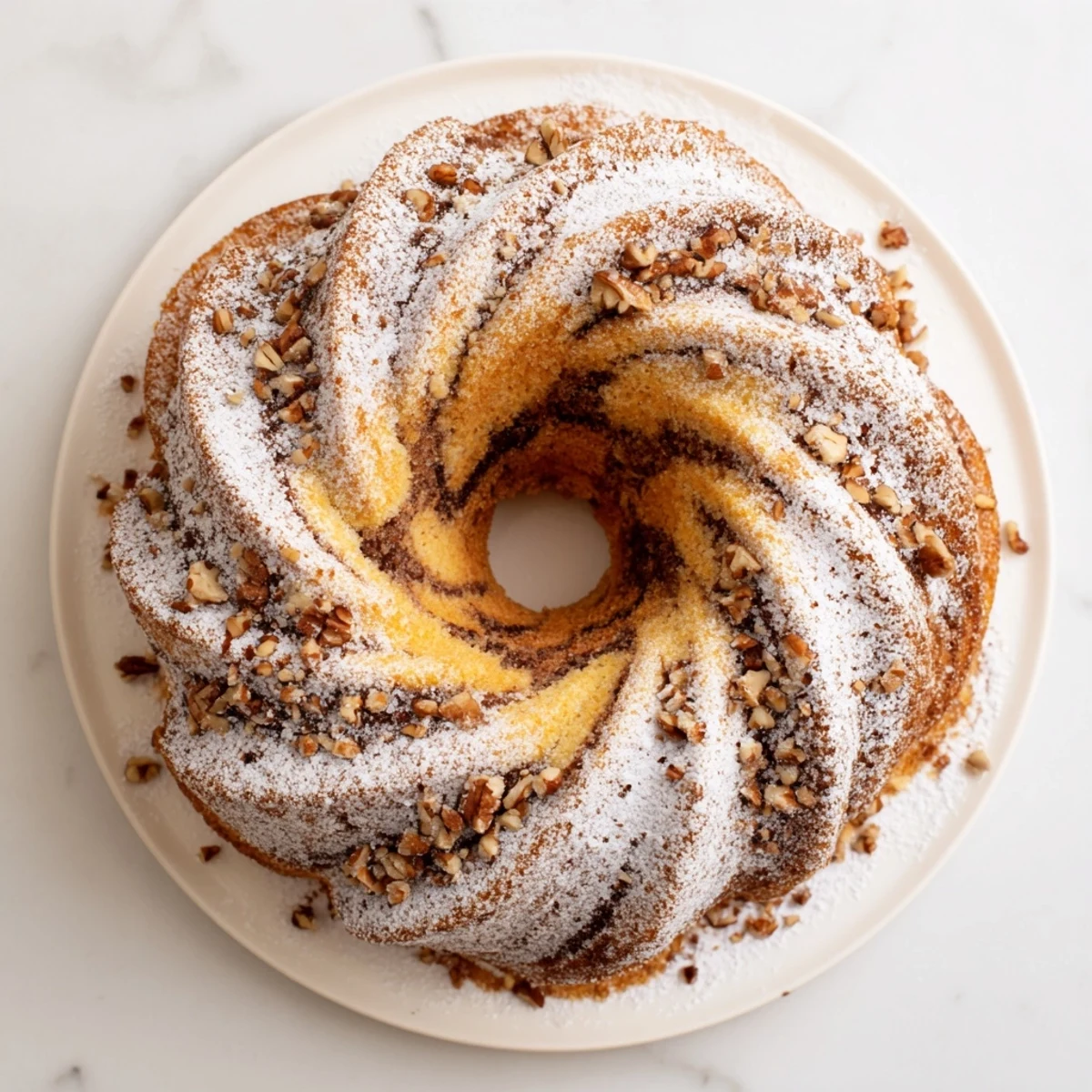Tender cinnamon-swirled easy breakfast Bundt coffee cake served on a white plate