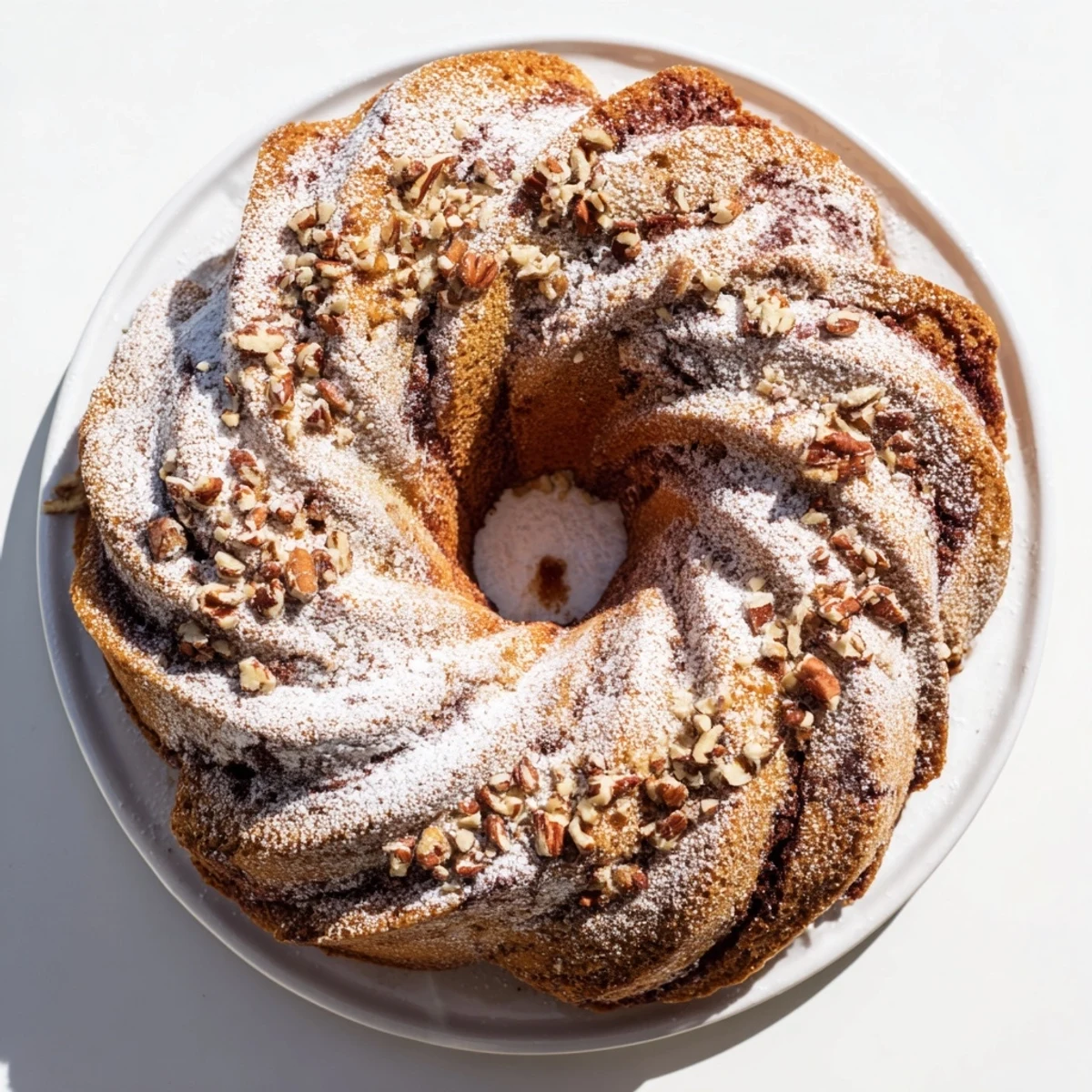 Sliced easy breakfast Bundt coffee cake revealing marbled cinnamon layers on a wire rack