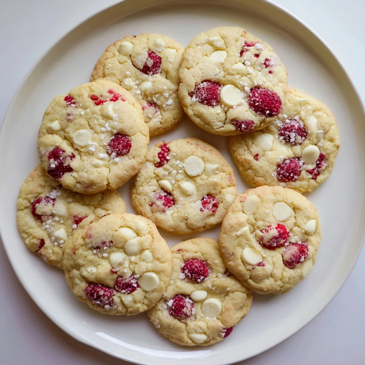 Zesty lemon raspberry cookies with raspberries visible throughout the soft textured dough