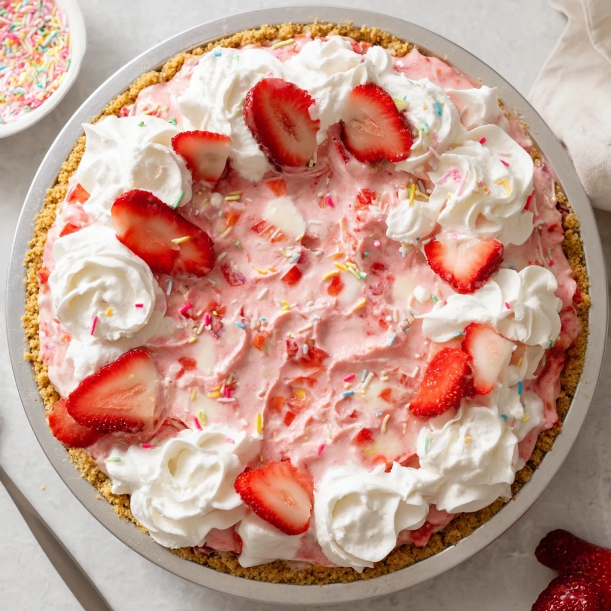 Easter no bake Jello pie with creamy strawberry filling on a golden graham cracker crust