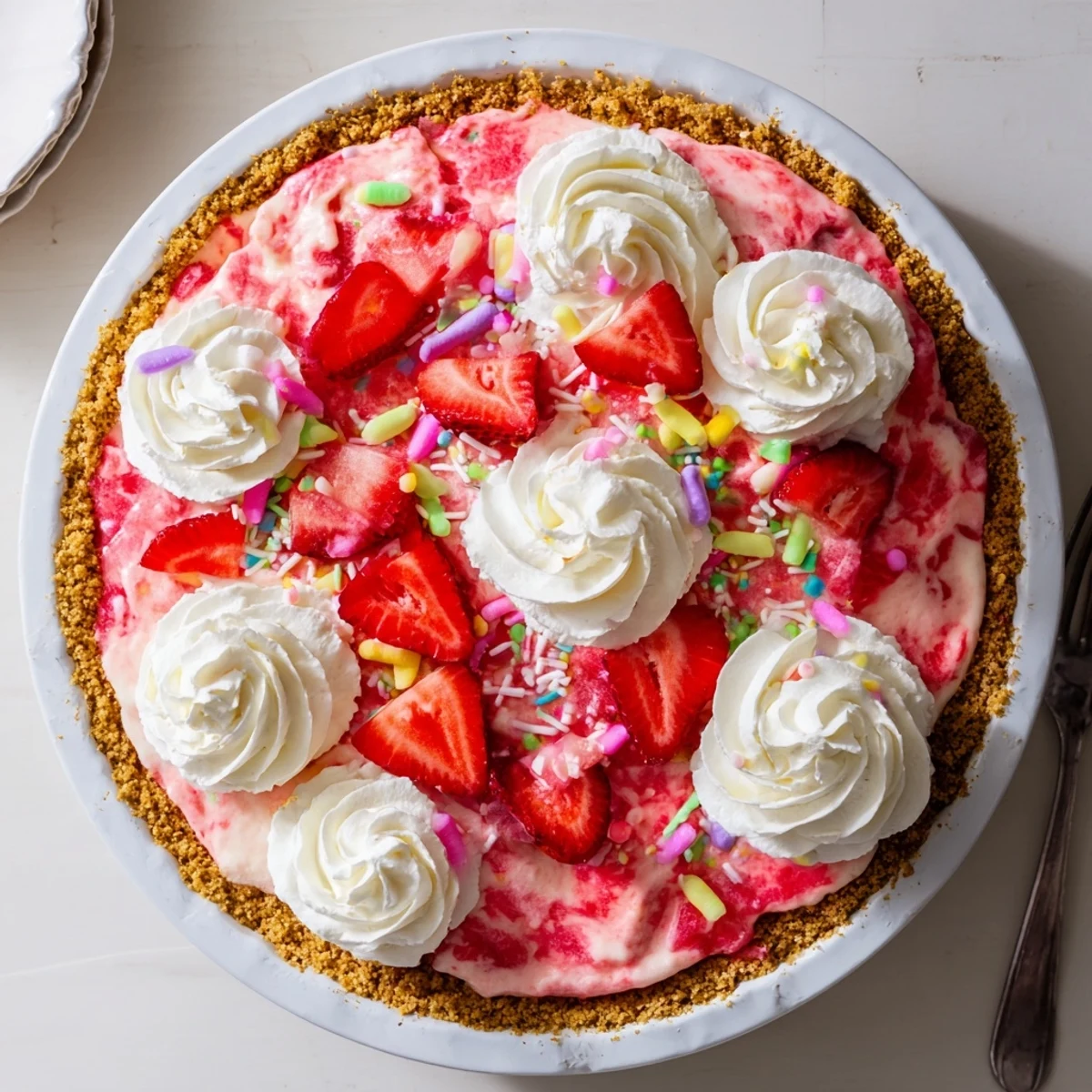 Creamy strawberry delight no bake Jello pie topped with fresh berries and whipped cream