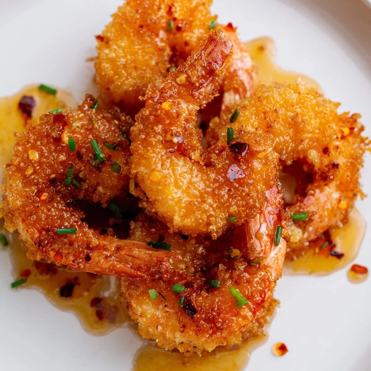 Golden crispy hot honey fried shrimp glazed with sweet spicy honey and garnished with fresh chives