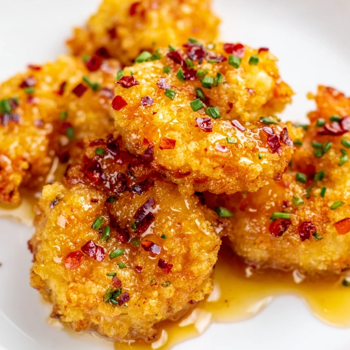 Plate of hot honey fried shrimp featuring crispy panko coated seafood drizzled with red pepper honey sauce