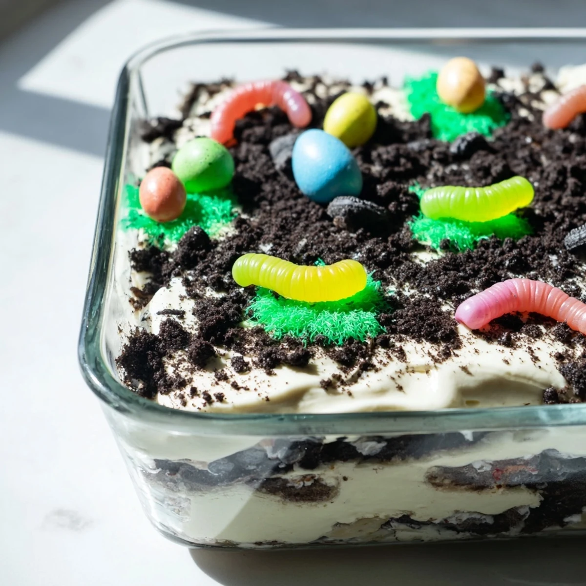 Creamy Easter dirt cake casserole with crushed Oreos, gummy worms, and pastel candy eggs in a glass dish