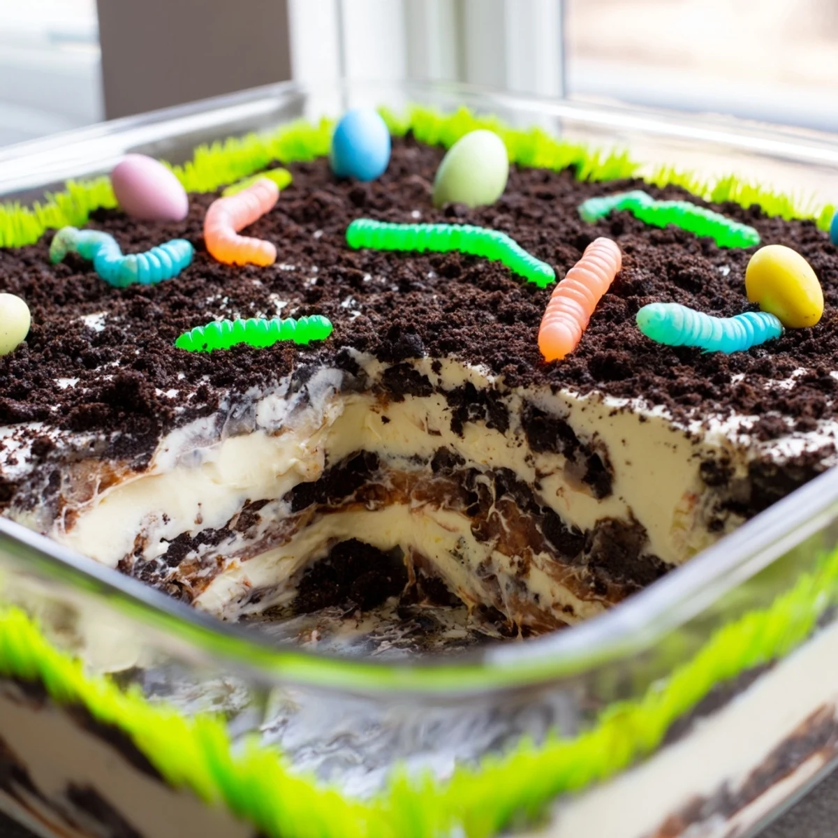 Spring dessert of layered vanilla pudding and cookie crumbs topped with colorful gummy worms for Easter celebrations