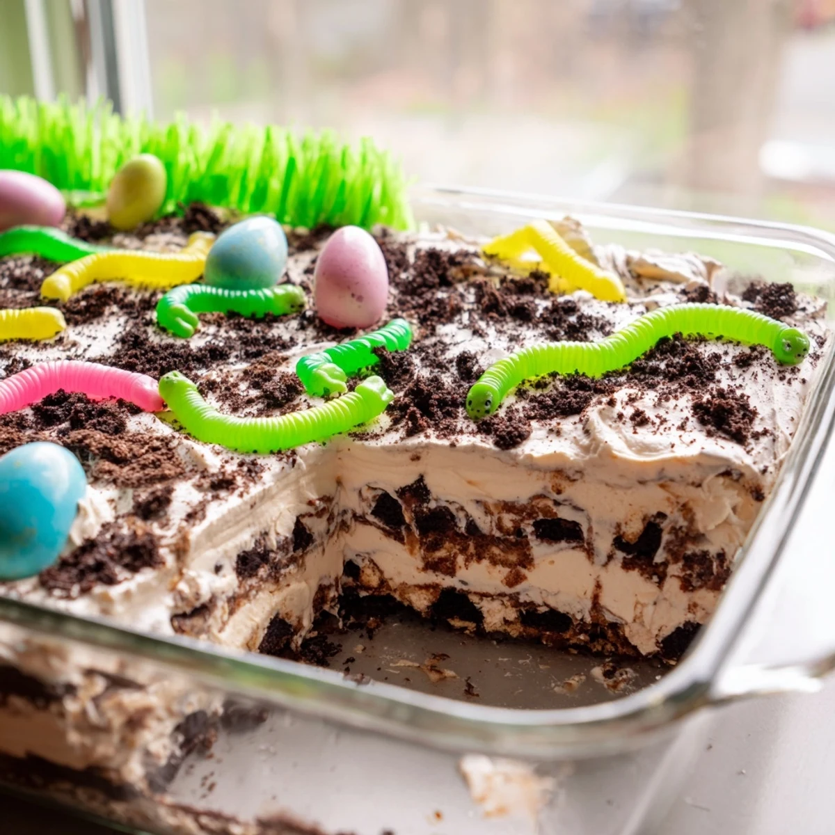 Whimsical no-bake Easter dirt cake casserole featuring creamy layers and playful gummy worms on a white serving platter