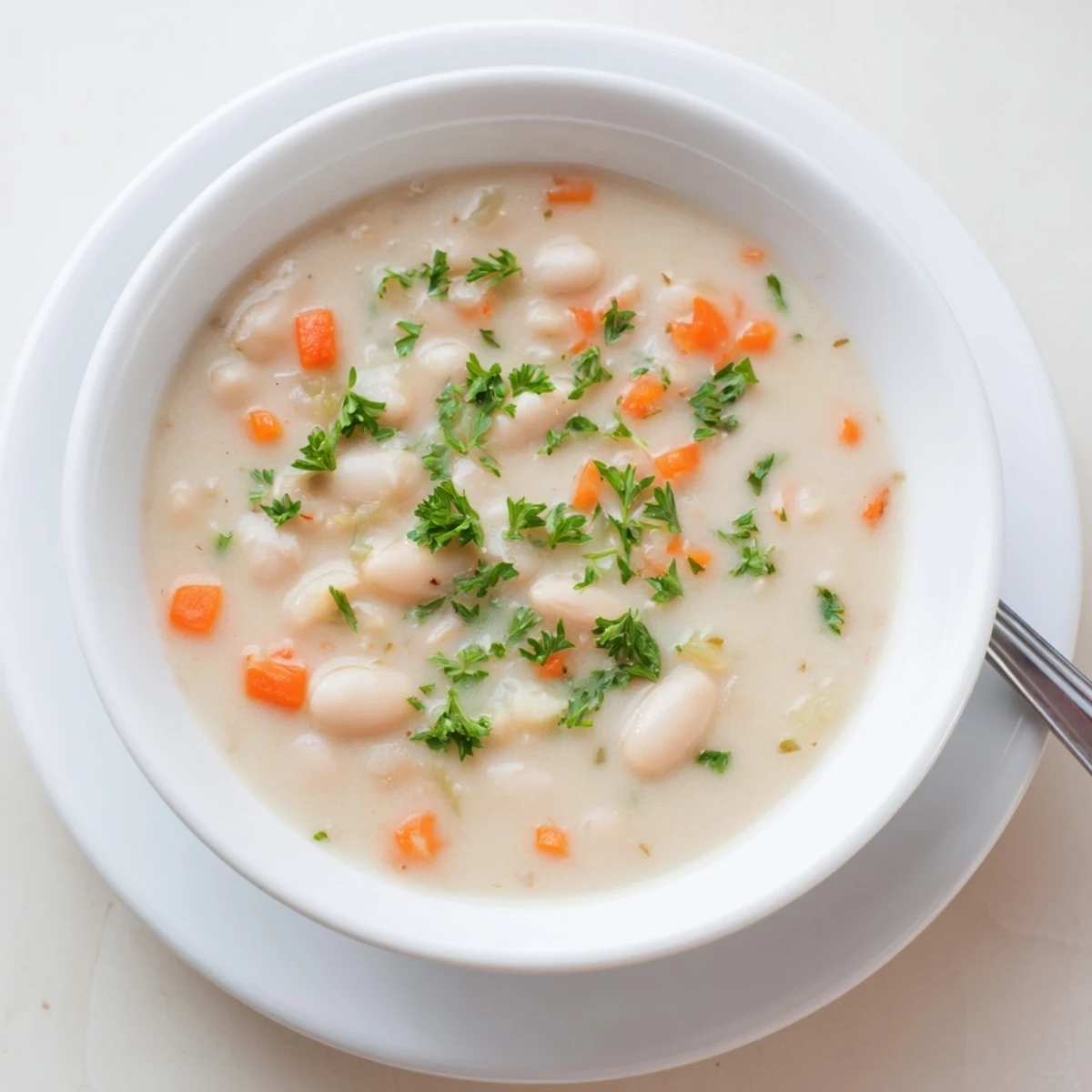 Steaming bowl of rosemary garlic white bean soup garnished with fresh parsley on wooden table