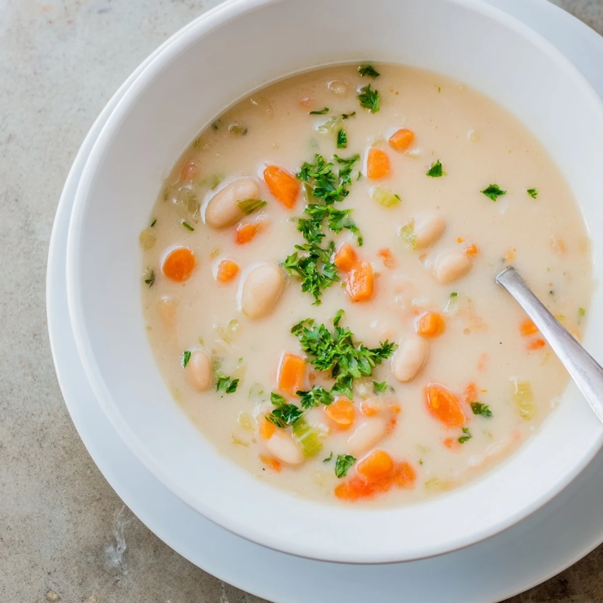 Creamy white bean soup with rosemary and garlic served in rustic bowls with crusty bread