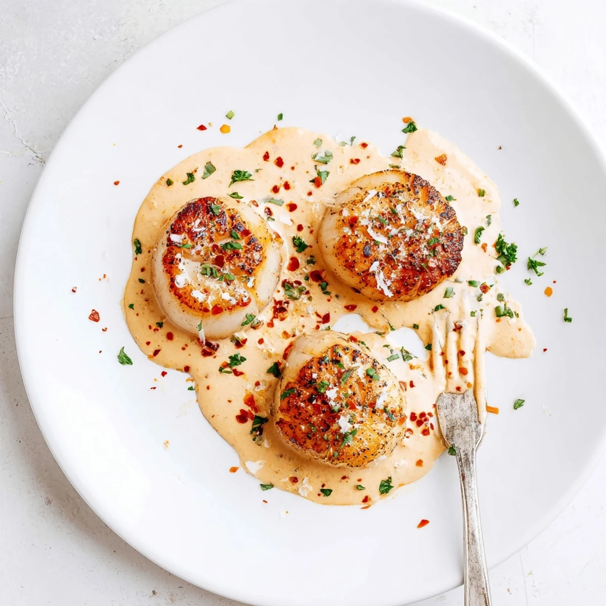 Golden seared scallops resting in a rich spicy Cajun cream sauce with fresh parsley garnish