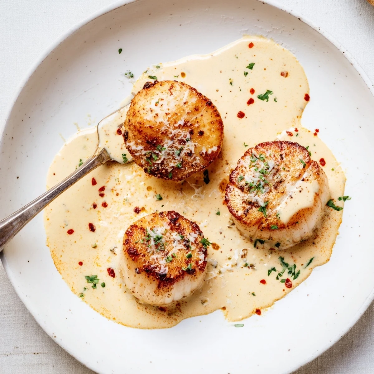 Perfectly pan-seared scallops topped with creamy Cajun spice sauce and Parmesan for an elegant dinner