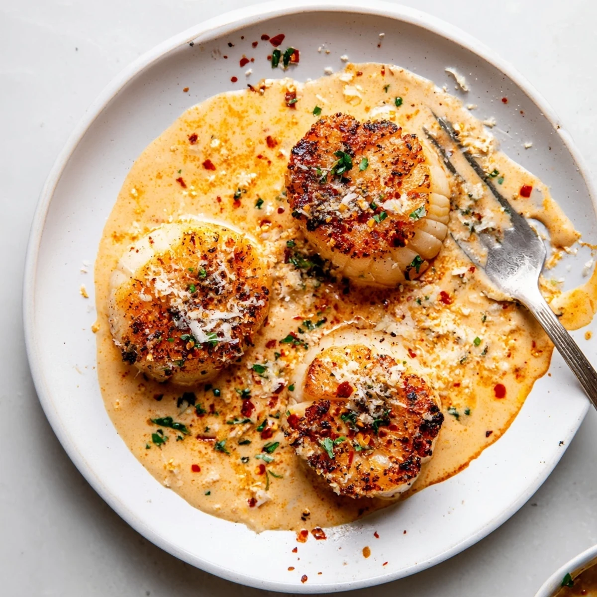 Plump sea scallops with golden crusts swimming in a spicy Cajun cream sauce over a white plate