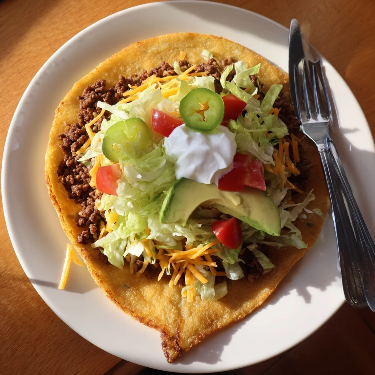 Crispy low-carb crunchwrap stuffed with taco-spiced ground beef, diced tomatoes, avocado, and sour cream