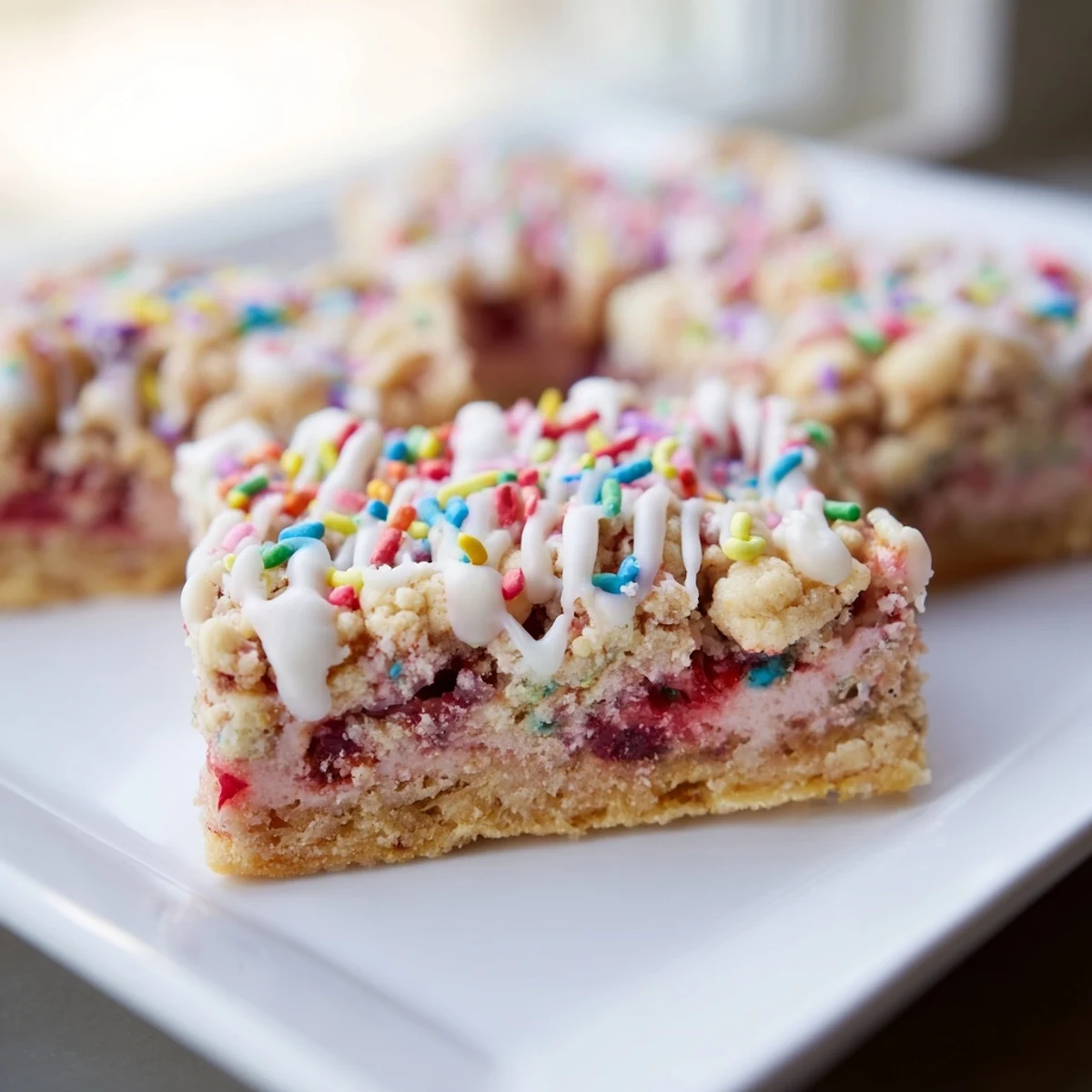 Homemade Pop-Tart cookie bars with strawberry jam layer and white glaze topped with colorful sprinkles