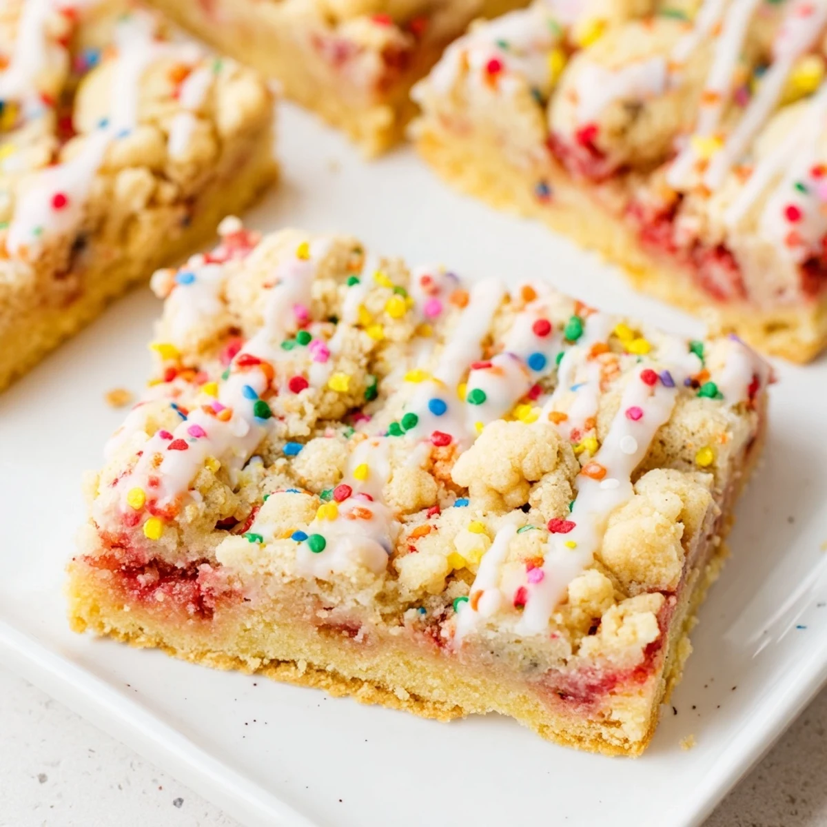 Golden sugar cookie bars swirled with fruit jam and sweet icing and festive rainbow sprinkles