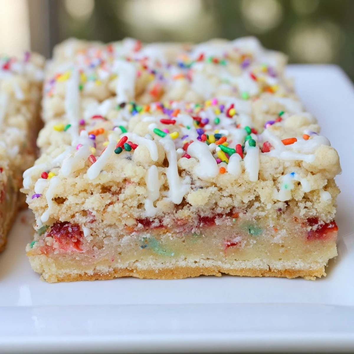 Soft-baked Pop-Tart inspired dessert bars featuring jam filling and vanilla glaze with crunchy sprinkles on top