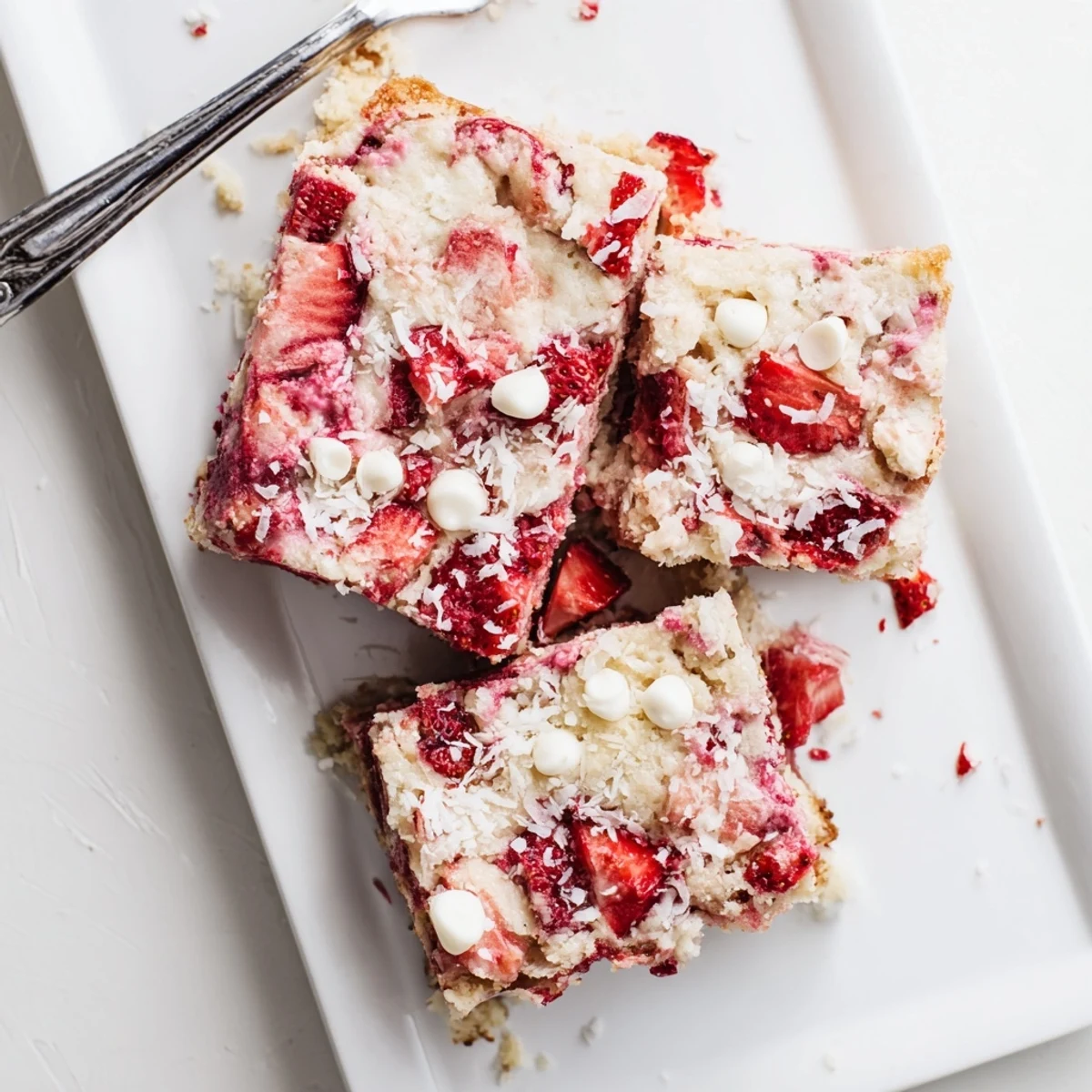 Warm Strawberry Earthquake Cake topped with whipped cream and fresh strawberry garnish for dessert
