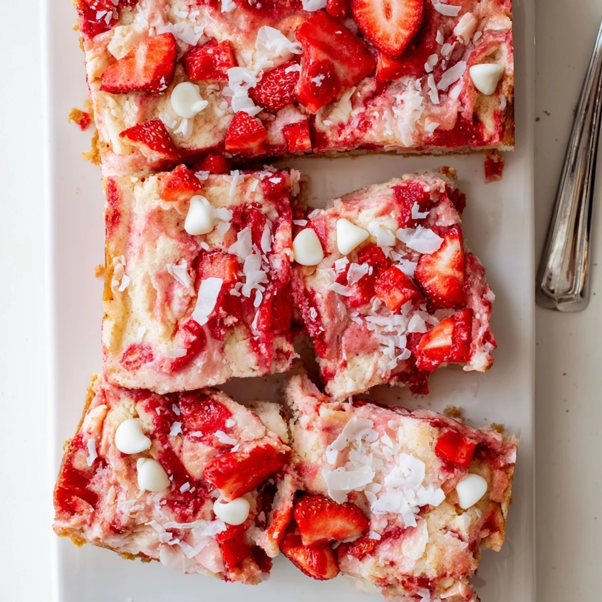Sliced Strawberry Earthquake Cake showing melted white chocolate pockets and moist marbled texture inside