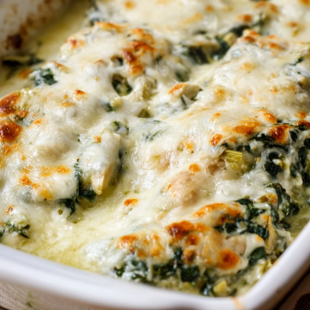 Golden bubbly spinach and artichoke chicken bake fresh from the oven with melted mozzarella topping