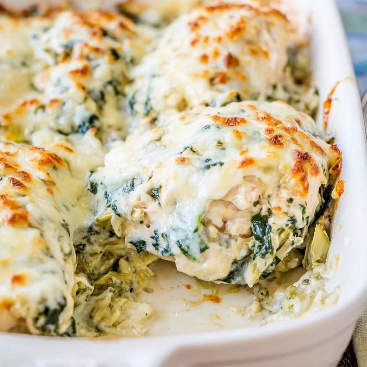 Creamy spinach and artichoke chicken casserole served on a white plate with fresh parsley garnish