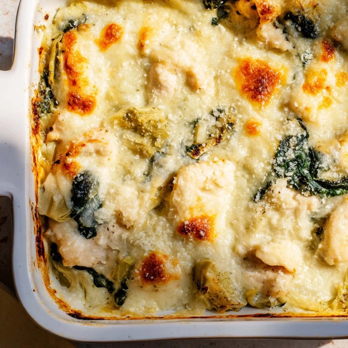 Baked chicken breasts topped with cheesy spinach artichoke mixture in a golden brown bubbling dish