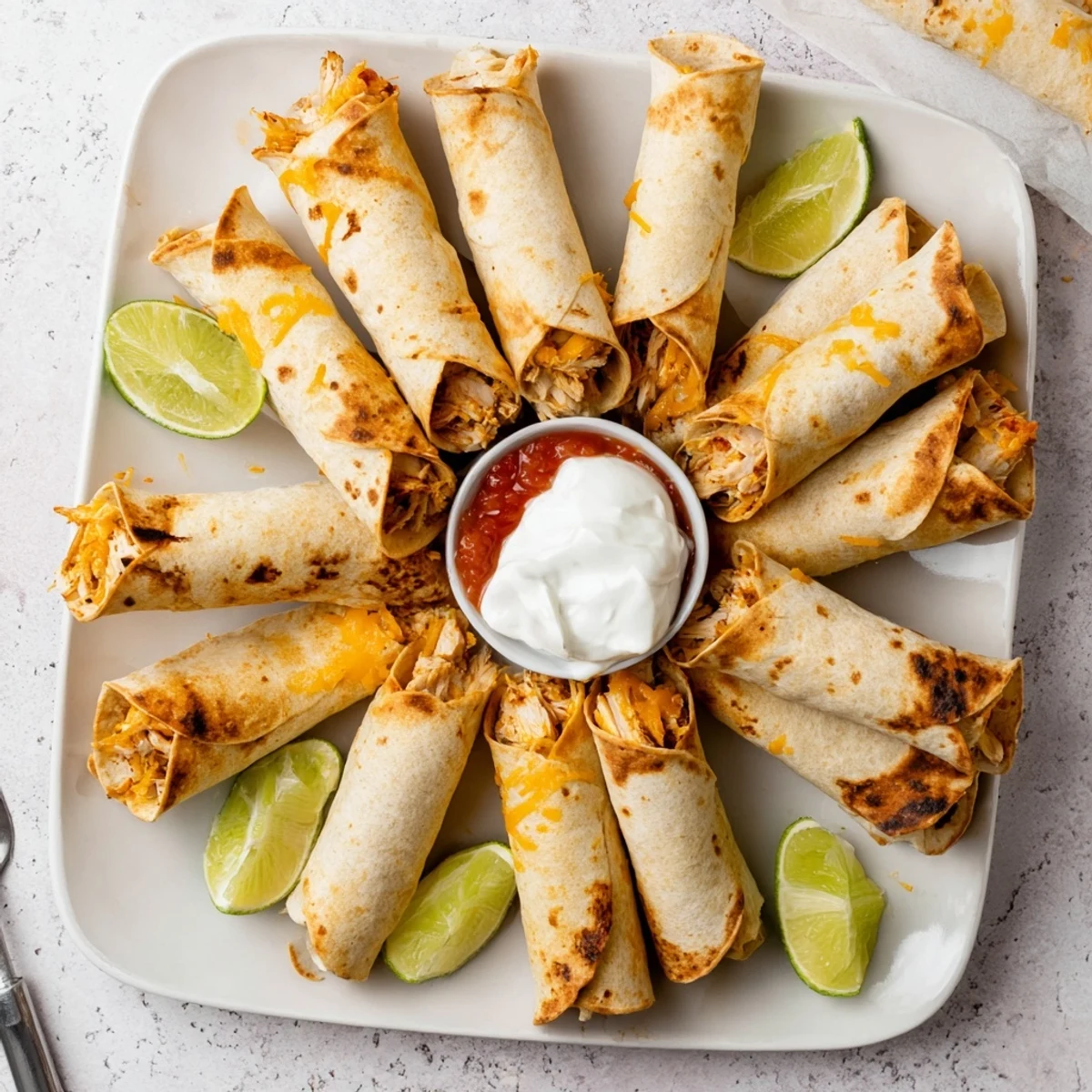 Golden crispy chicken taquitos with melted cheese bursting from warm corn tortillas