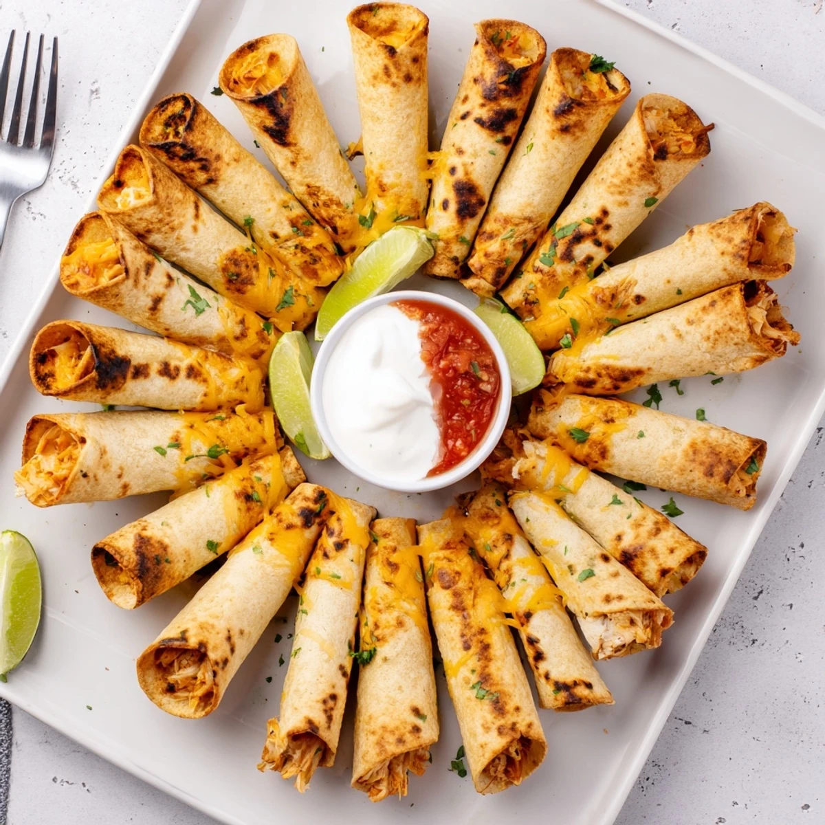 Close-up of crunchy rolled chicken taquitos seasoned with spices and cilantro garnish
