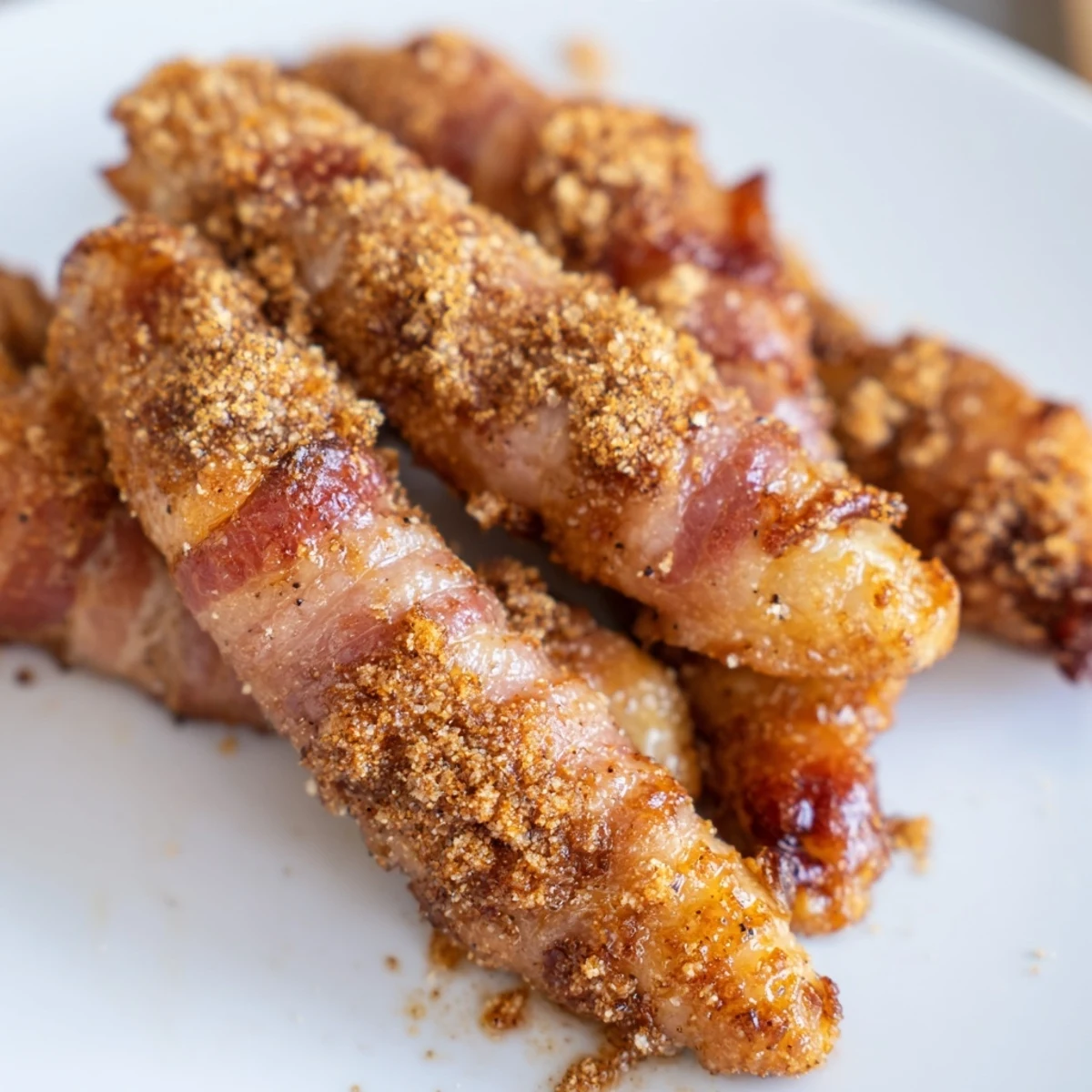 Crispy bacon brown sugar chicken tenders fresh from the oven with caramelized coating
