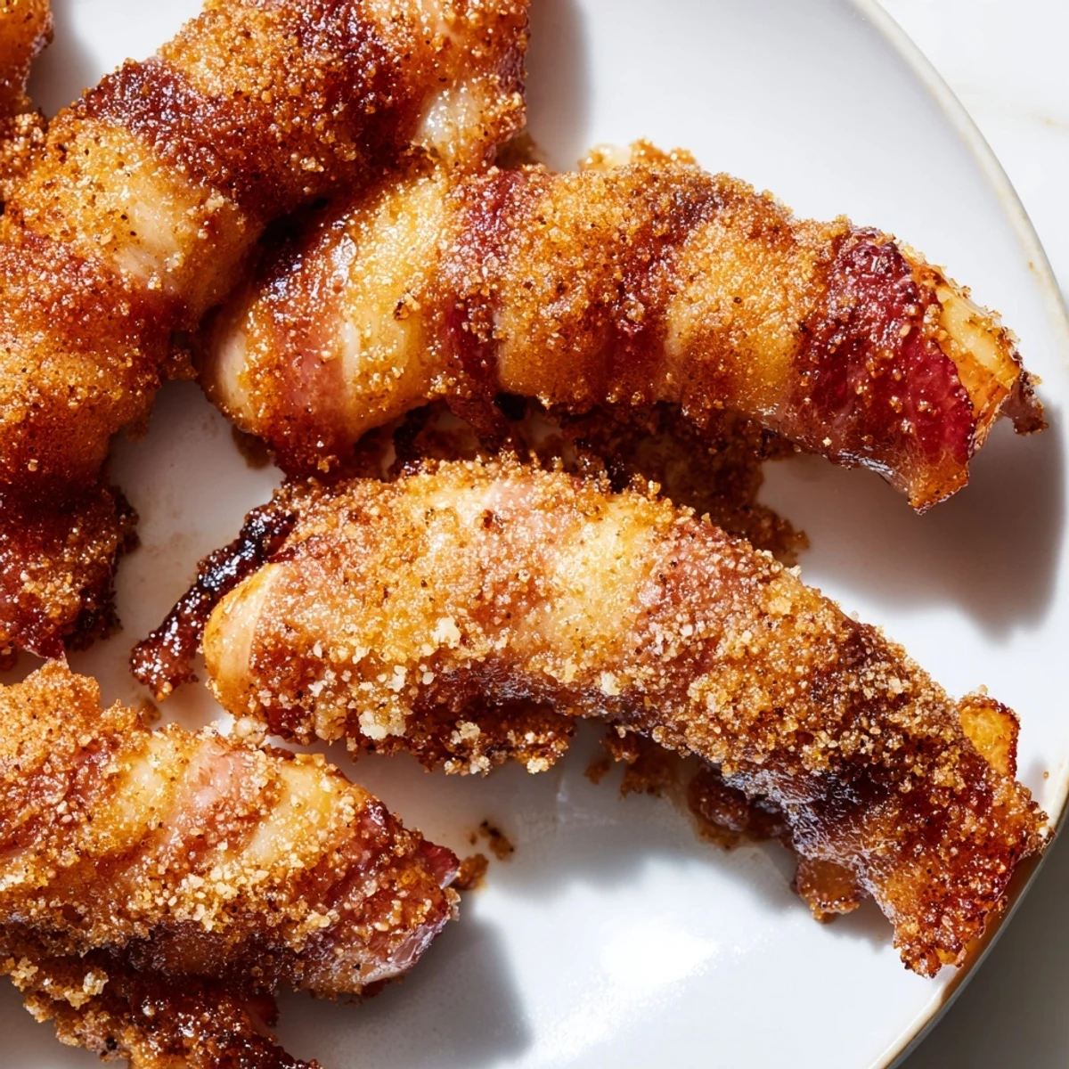 Golden brown sugar glazed chicken tenders wrapped in smoky bacon on a white serving plate