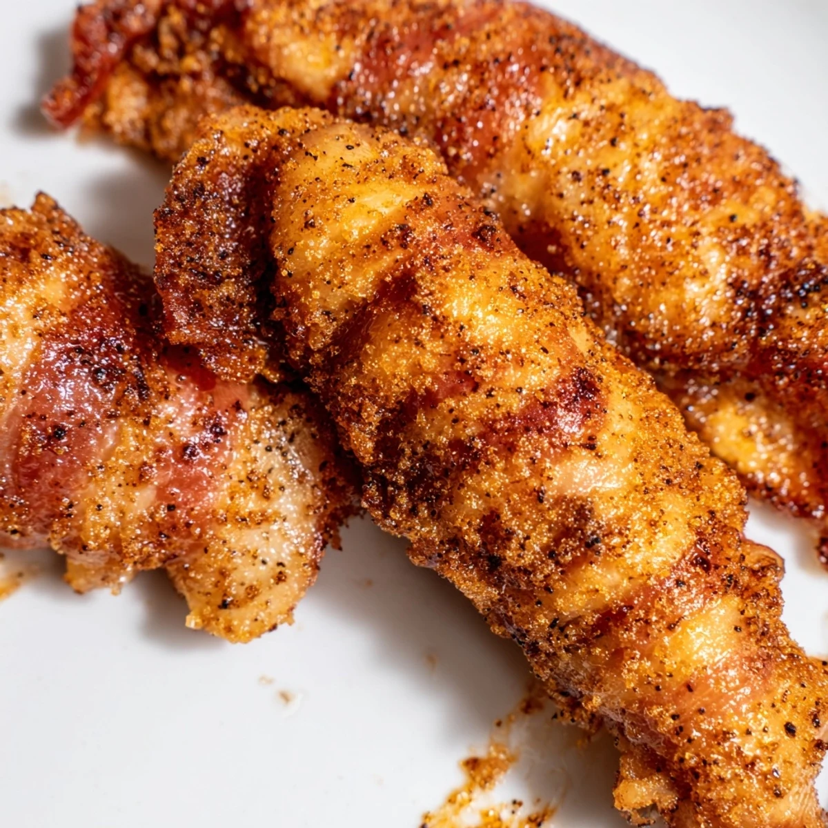 Juicy baked chicken tenders coated in sweet brown sugar and crispy bacon strips
