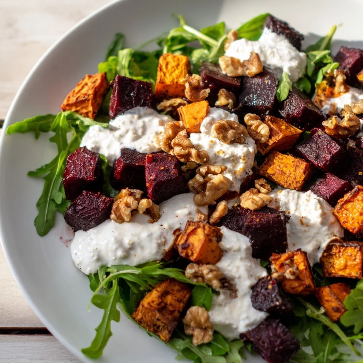 Colorful roasted beet salad with sweet potato cubes, creamy feta crumbles, and yogurt drizzle on white platter