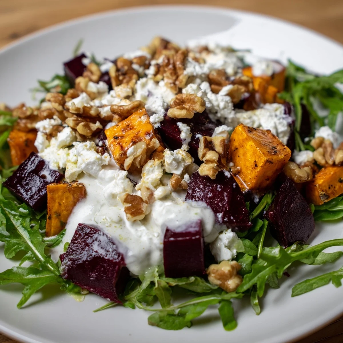 Vibrant bowl of roasted beets and sweet potatoes arranged over fresh arugula with tangy feta and creamy dressing