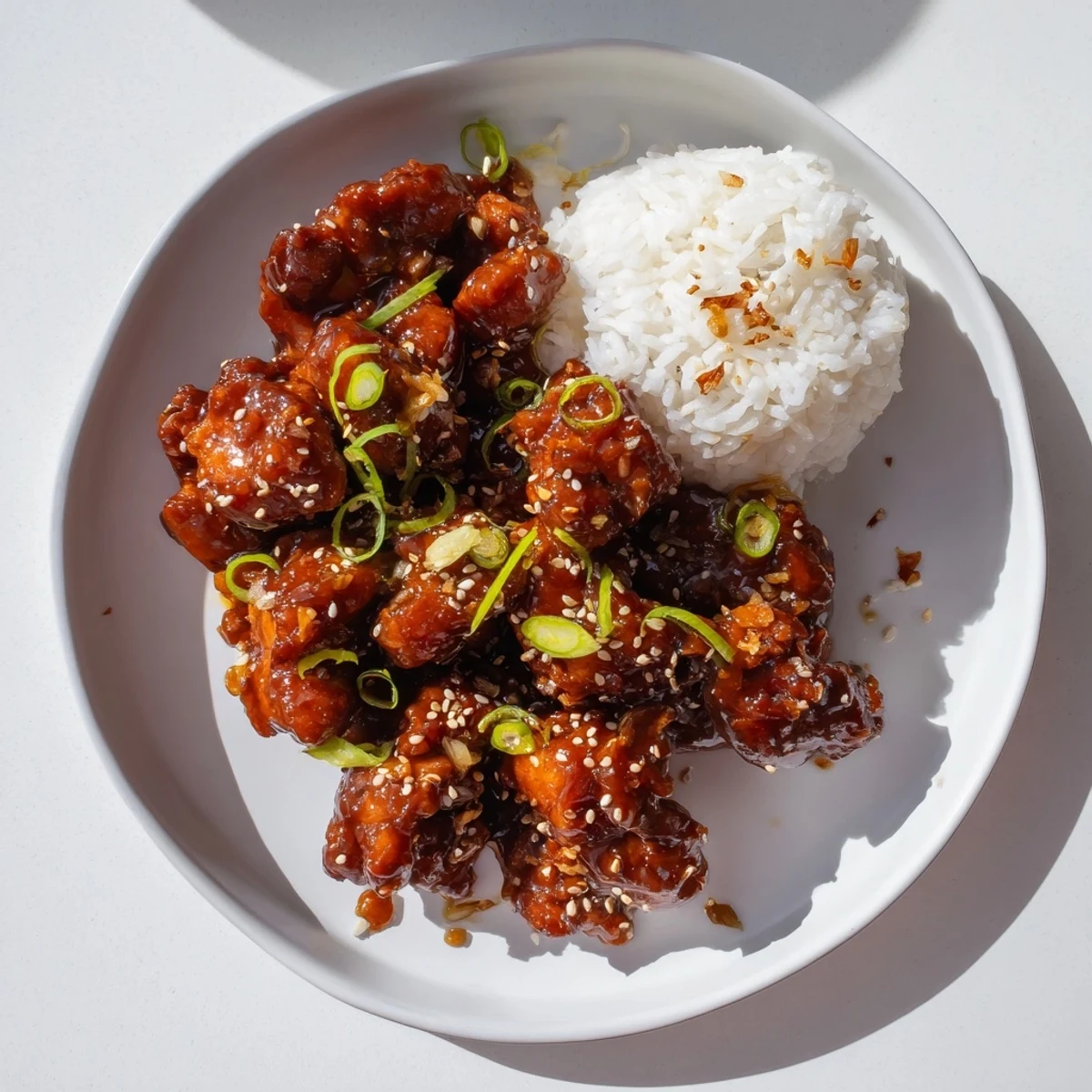 Golden glazed Crock Pot Huli Huli Chicken pieces coated in shiny pineapple-soy sauce on a white serving platter