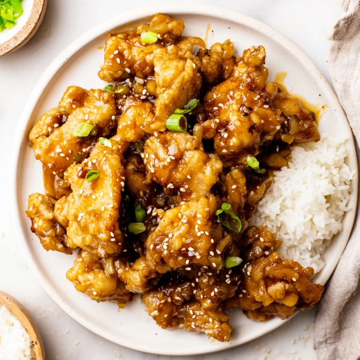 Slow cooker Huli Huli Chicken garnished with green onions and sesame seeds beside a bowl of fluffy white rice