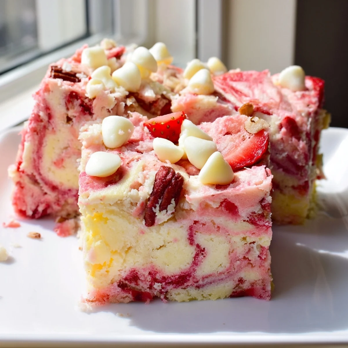 Golden Strawberry Earthquake Cake with marbled cream cheese swirls and white chocolate chips