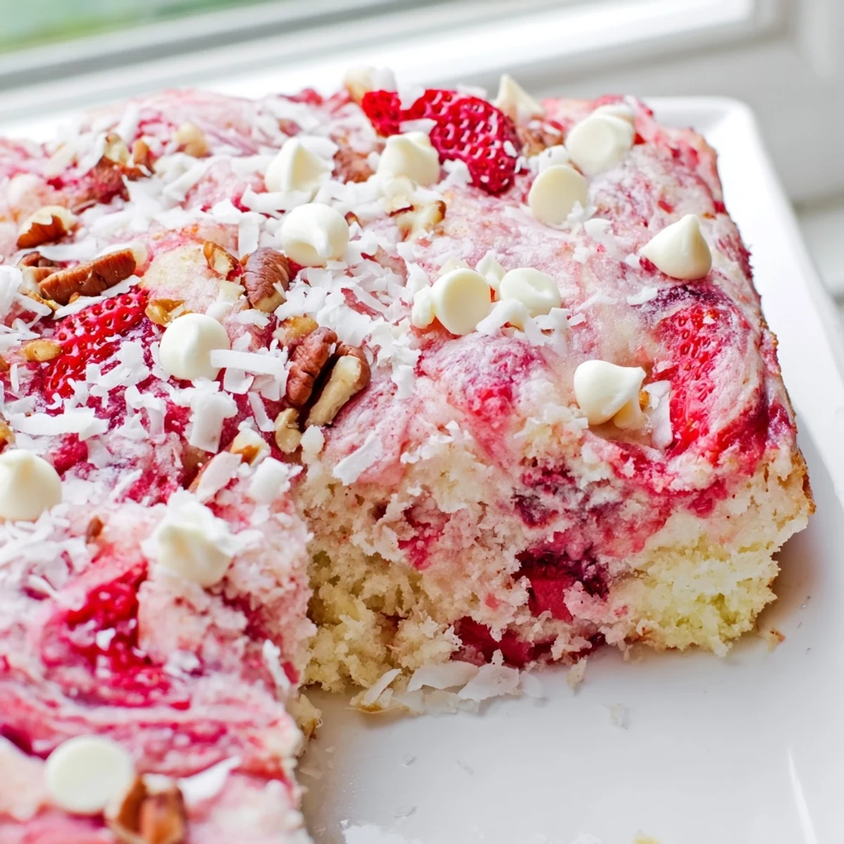 Slices of Strawberry Earthquake Cake topped with fresh strawberries and crunchy pecan pieces