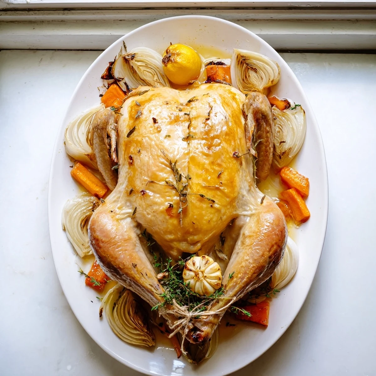 Golden brown roast garlic and lemon chicken served on a white platter with fresh herbs
