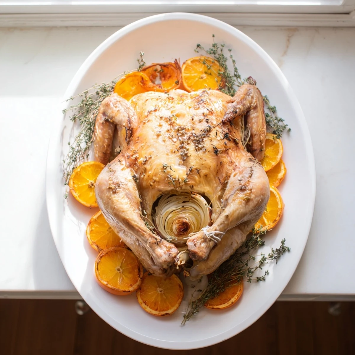 Whole roasted chicken with crispy skin, lemon slices, and roasted garlic on a wooden board