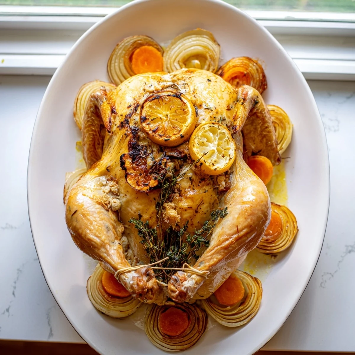 Mediterranean-style roast garlic and lemon chicken garnished with thyme and pan juices