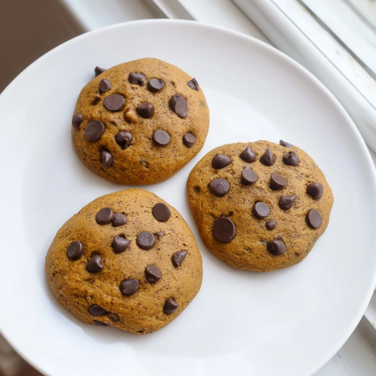 Soft homemade pumpkin spice chocolate chip cookies with melted chocolate on a wire cooling rack