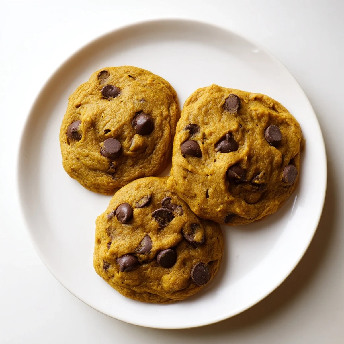 Plate of soft chewy pumpkin spice chocolate chip cookies sprinkled with flaky sea salt topping