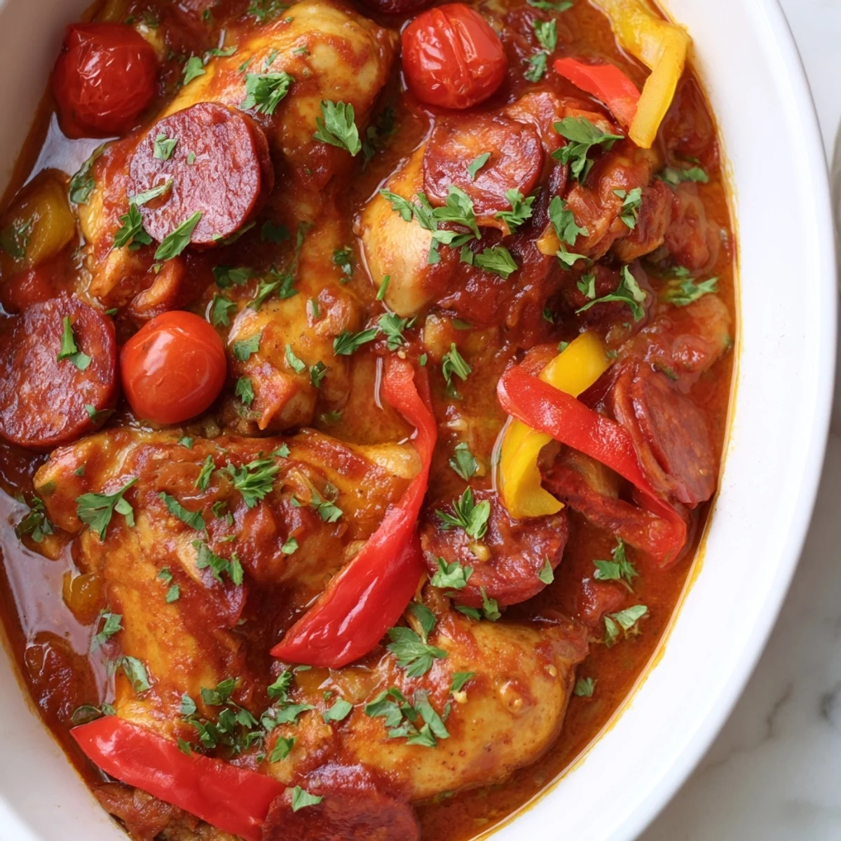 Hearty chicken chorizo and tomato casserole featuring tender meat chunks in rich red sauce