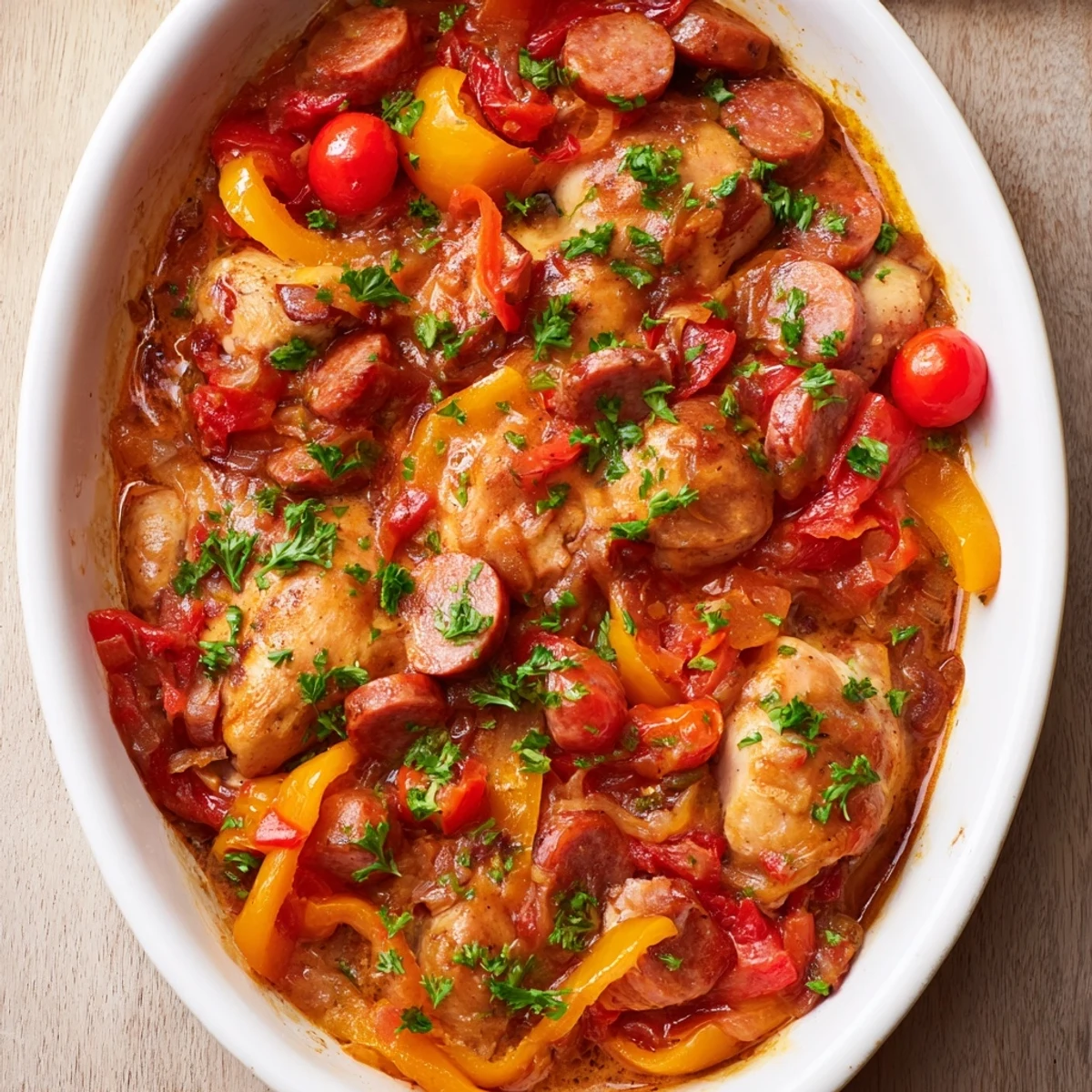 Steaming chicken chorizo and tomato casserole garnished with fresh parsley and vibrant bell peppers