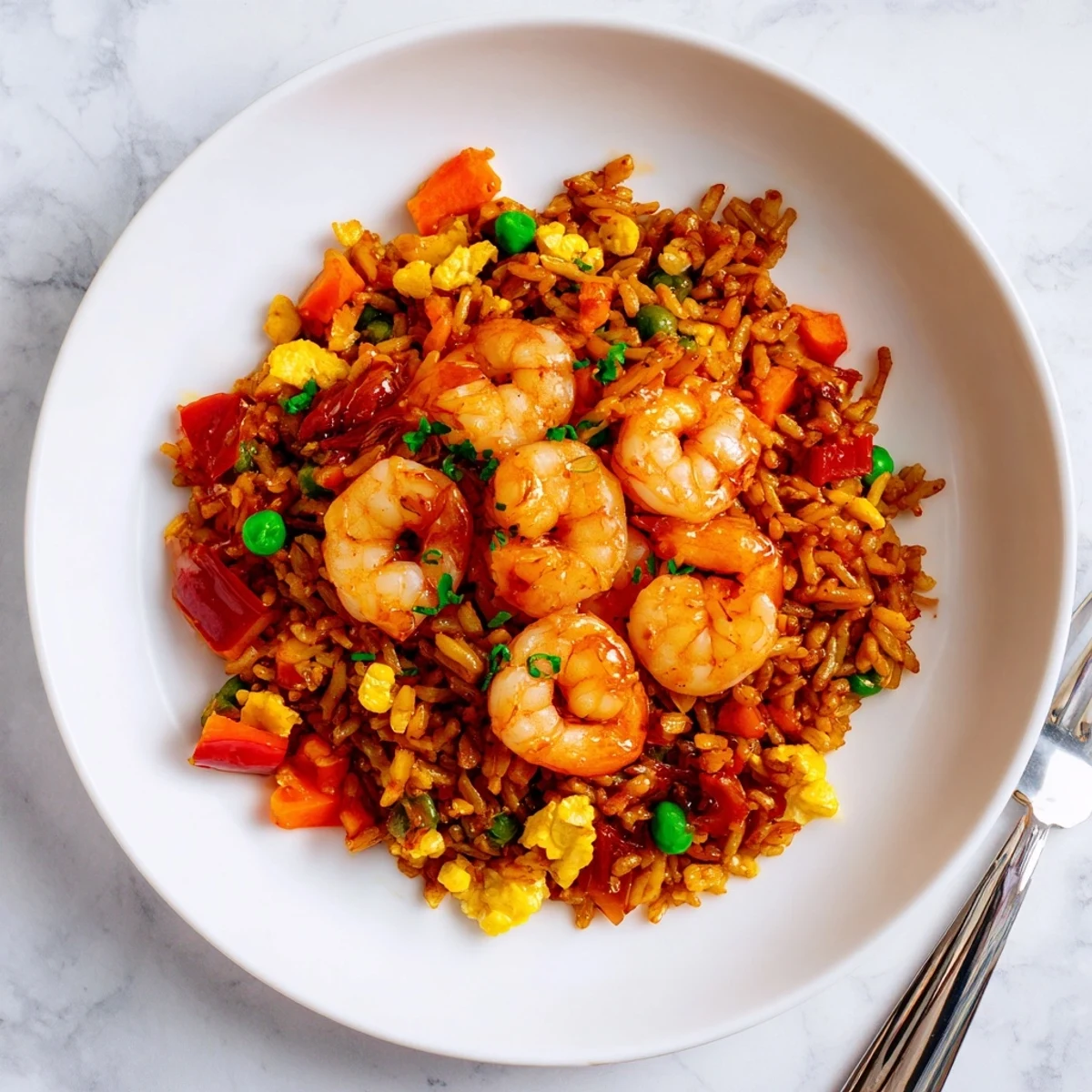 Golden garlic prawns atop sweet chilli fried rice with colorful diced vegetables