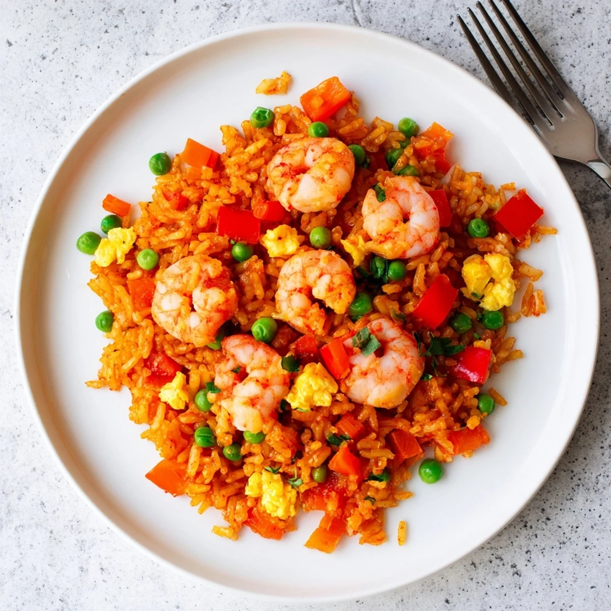 Plated garlic prawns and sweet chilli fried rice garnished with fresh spring onions