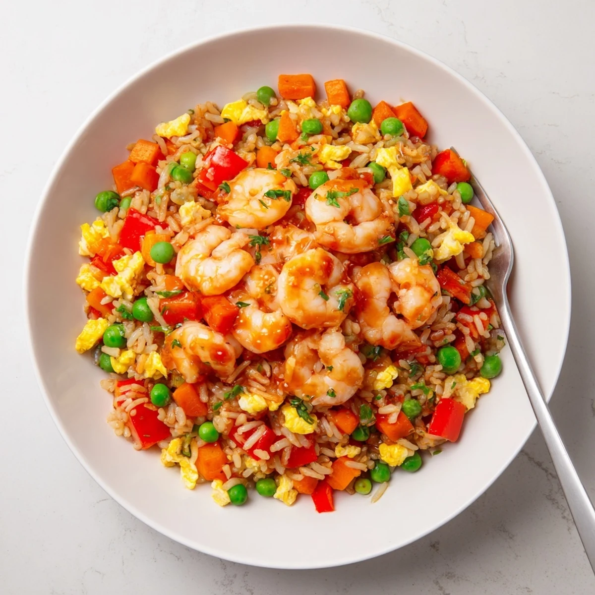 Succulent garlic prawns served over jasmine fried rice glazed with sweet chilli sauce